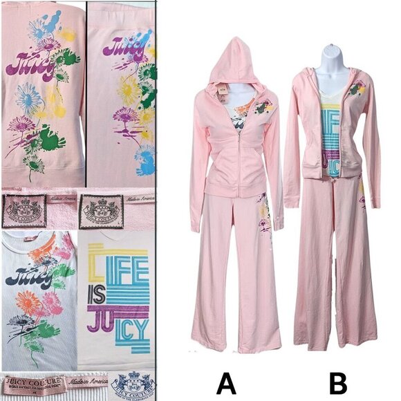 Vtg Y2K JUICY COUTURE Twin 3-pc Matching Pink Floral 2ofaKind Tracksuits Szs S-L - Picture 1 of 11